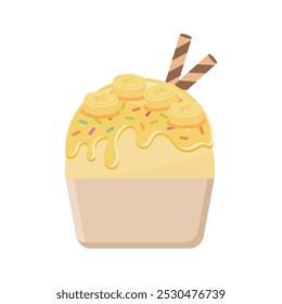 Banana ice cream with wafer rolls vector illustration. Fresh fruit and sweet dessert.