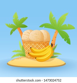 Banana ice cream in waffle cones.Concept of banner with tropical island and palm trees.Realistic illustration vector.Website banner concept.