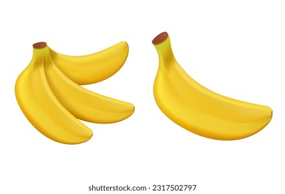 Banana icon 3D UI illustration. Cute cartoon banana, Cartoon bananas. Peel banana, yellow fruit and bunch of bananas. Tropical fruits, banana snack or vegetarian nutrition. 3D illustration isolated