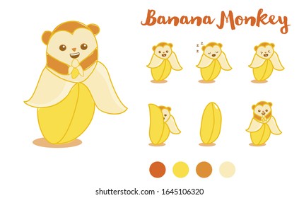Banana icon design with monkey style cartoon kawaii vector 