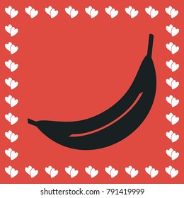 Banana icon flat. Simple black pictogram on red background with white hearts for valentines day. Vector illustration symbol