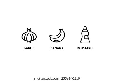 Banana icon, mustard, garlic sign. Food allergen icons. Allergen free products. Products warning symbols.