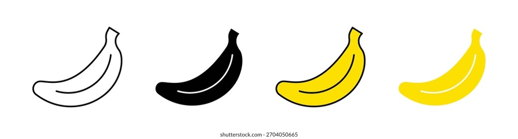 Icono de plátano en estilo de contorno, sólido y color sobre un fondo blanco, que representa frutas, alimentos saludables, refrigerios y frescura tropical.