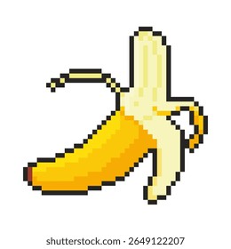 Ícone da banana. Objeto Pixel art em estilo de 8 bits. Gráficos retrô de videogame dos anos 80 e 90