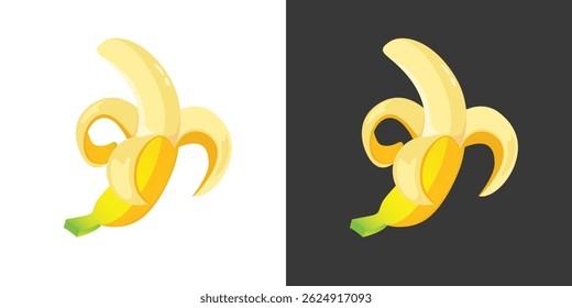 Banana icon set isolated vector illustration. Peel bananas, yellow fruit and a bunch of bananas. Tropical fruits, banana snacks or vegetarian nutrition isolated 