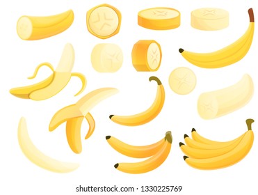 Banana icons set. Cartoon set of banana vector icons for web design