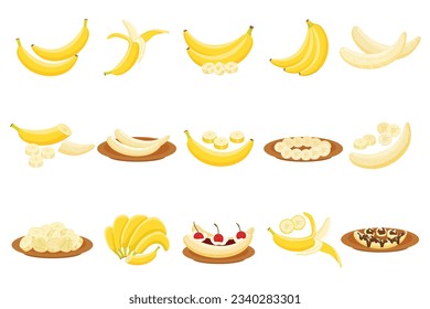 Banana icons set cartoon vector. Monkey peel. Ripe fruit