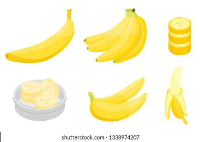 Banana icons set. Isometric set of banana vector icons for web design isolated on white background