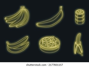 Banana icons set. Isometric set of banana vector icons neon on black