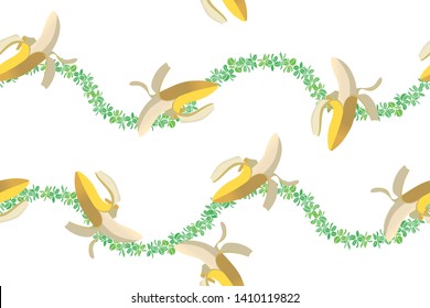 Banana illustration, total pattern, seamless background, aloha shirt, hawaii, southern country, resort, leaf of lei, White background