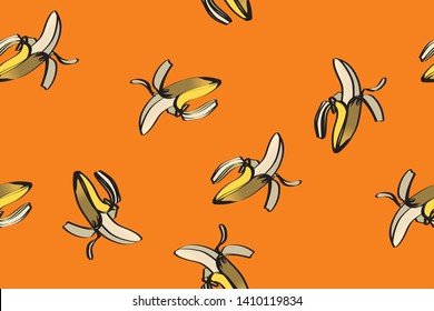 Banana illustration, total pattern, seamless background, aloha shirt, hawaii, southern country, resort, Hand-painted, Orange background