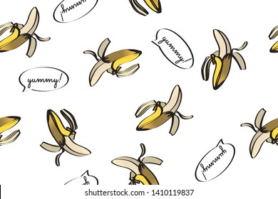 Banana illustration, total pattern, seamless background, aloha shirt, hawaii, southern country, resort, comment balloon, yummy, White background, Hand-painted