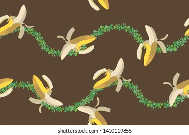 Banana illustration, total pattern, seamless background, aloha shirt, hawaii, southern country, resort, leaf of lei, brown background