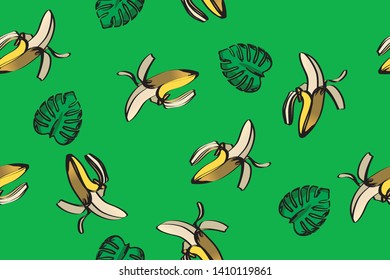 Banana illustration, total pattern, seamless background, aloha shirt, hawaii, tropical country, resort, monstera leaf, Hand-painted, green background