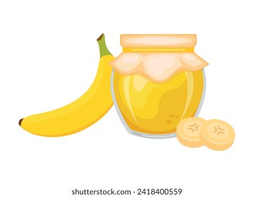 Banana jam in glass jar and fresh banana fruit vector illustration. Glass of banana marmalade design element. Banana jam jar icon set isolated on a white background