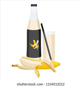 Banana juice in bottle and glass with peeled banana