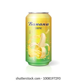 Banana juice drink in aluminum can realistic Illustration Design Template