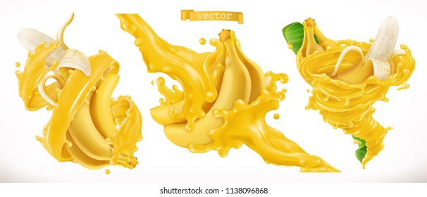 Banana juice. Fresh fruit 3d realistic vector icon