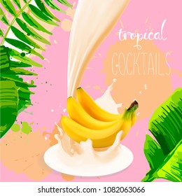 Banana juice. Fresh fruit and a splash of tropical leaves. Vector illustration.