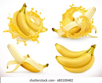 Banana Juice. Fresh Fruit And Splash, 3d Realistic Vector Icon