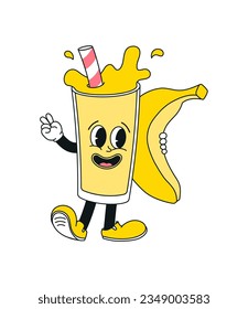 Banana juice glass character in comic cartoon style on transparent background. Hand drawing of funny mascot of fruit drink in retro style. Isolated vector illustration