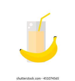 Banana juice isolated icon on white background. Glass of juice with straw. Flat style vector illustration. 