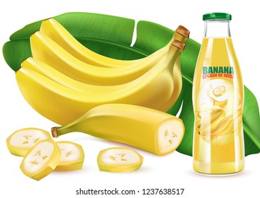 Banana Juice with leaf and slice of piece. Season sweet of tropical fruits. 3d realistic vector, Food concept design. of free space for your copy and branding.