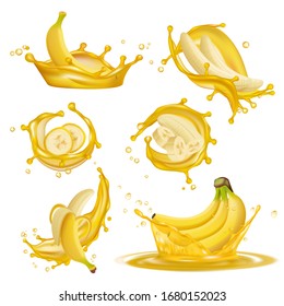 Banana juice. Liquid yellow drops from bannanas juice healthy fruits exotic desserts dripping 3d vector realistic promotional pictures