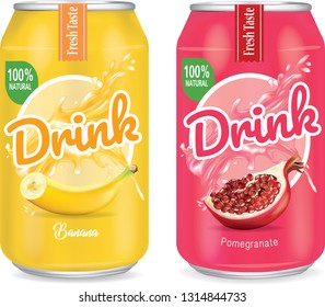 Banana juice and pomegranate juice in aliminium can realistic Vector. Package design for advertising - Vector