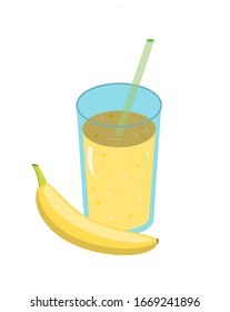 Banana juice smoothie in a glass glass with a fresh banana and a straw.Fresh natural healthy fruit and berry drink. Vector illustration.