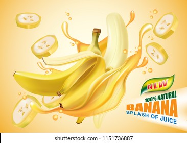 Banana juice splash Ads. Season sweet of tropical fruits. 3d realistic vector, Food concept design. of free space for your copy and branding.