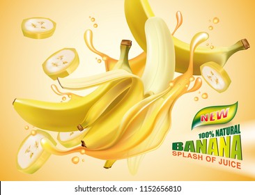 Banana juice splash Ads. Season sweet of tropical fruits. 3d realistic vector, Food concept design. of free space for your texts and branding.