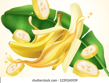 Banana juice splash Ads. Season sweet of tropical fruits. 3d realistic vector, Food concept design. of free space for your copy and branding.