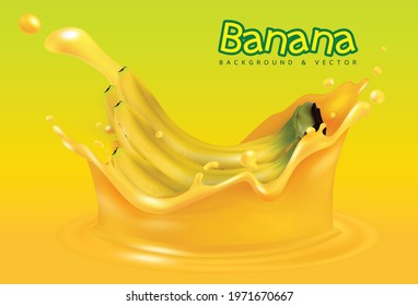 Banana juice splash Ads. Season sweet of tropical fruits. 3d realistic vector, Food concept design. of free space for your texts and branding.

