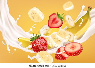 Banana juice splash Ads. Season sweet of tropical fruits. 3d realistic vector, Food concept design. of free space for your texts and branding. 