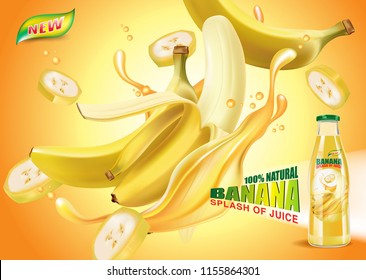 Banana juice splash with packaging Ads. Season sweet of tropical fruits. 3d realistic vector, Food concept design. of free space for your copy and branding.