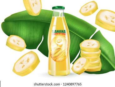 Banana juice splash with packaging Ads. Season sweet of tropical fruits. 3d realistic vector, Food concept design. of free space for your copy and branding.