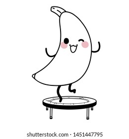 Banana jumping on the trampoline. Cute kawaii cartoon fruit. Doodle veggie character on white background. Vector line illustration for kids design, colorings.