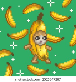 Banana king gato em fundo azul, ilustração pixel art 