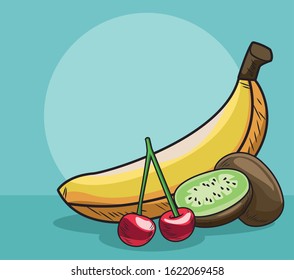 banana kiwi and cherry fresh fruit food healthy vector illustration