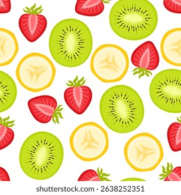 Banana, kiwi and strawberry seamless pattern. 
Background with slices of tropical fruits and berry. Vector cartoon flat illustration.