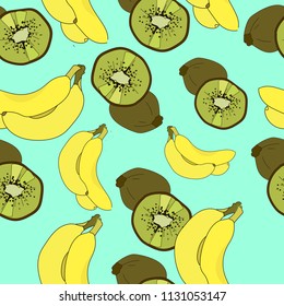 Banana and Kiwi Vector Repeat Seamless Pattrern. Great for fabric, packaging, wallpaper, invitations.Summer pattern