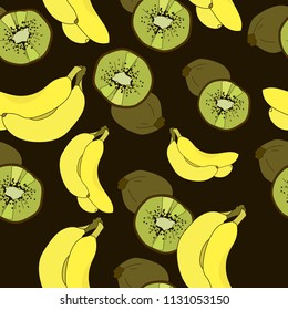 Banana and Kiwi Vector Repeat Seamless Pattrern. Great for fabric, packaging, wallpaper, invitations.Summer pattern