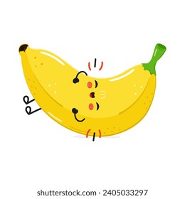 Banana ríe de personaje. Caricatura dibujada a mano del vector icono de ilustración del personaje kawaii. Aislado sobre fondo blanco. Concepto de carácter bananero