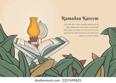 Banana leaf background in cartoon hand drawn with qur'an and lantern design for ramadan template