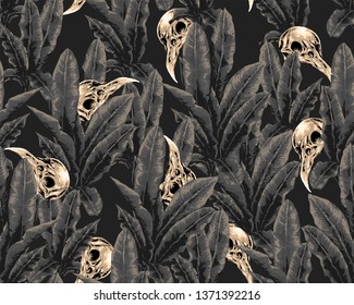 banana leaf with bird skull pattern. seamless pattern. wall background. print fabric.