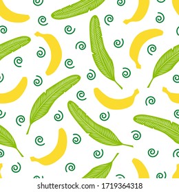 Hoja de plátano y vectores de frutas sin fisuras. La hoja tropical y el plátano son texturas sin fisuras. Textiles, papel de embalaje, diseño de papel pintado, embalaje. Objetos aislados en un fondo blanco.  