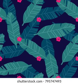 banana leaf on a dark background. Print summer seamless vector pattern wallpaper