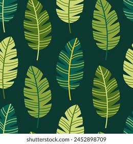 Banana leaf seamless pattern. Tropical summer background with exotic palm tree foliage. Monochrome green backdrop. Repeat vector illustration.