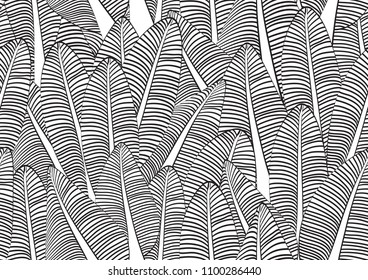 Banana leaf seamless pattern vector illustration for fabric, cloth, package, wall, decoration, furniture, printing media. Black and white background design. Banana leaf icon. nature texture. doodles